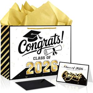 4 x GLURUITE 13" Graduation Gift Bag with Card and Tissue Paper Black Gold Congrats Gift Bag for Graduate Graduation Season Gifts for Class of 2026