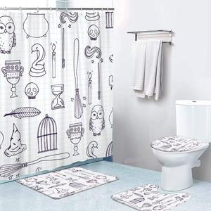 LOKMU 4 Pcs Shower Curtain Sets with Non-Slip Rugs, Toilet Lid Cover and Bath Mat,Witch Birdcage Magic Books Owl Wand Broom Waterproof Shower Curtain with 12 Hooks, Bathroom Decor Sets, 72" x 72"