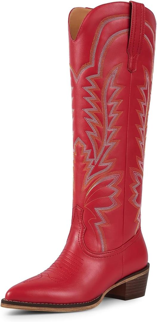 ISNOM Cowboy Boots for Women Knee High Cowgirl Boots with Classic Embroidered Pointed Toe Chunky Heel Pull On Fashion Retro Western Tall Boots