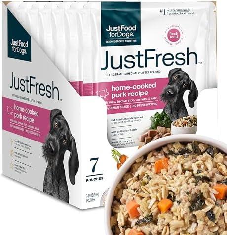 JustFoodForDogs JustFresh Home-Cooked Pork Dog Food with No Preservatives, Resealable Package, Human Grade Wet Dog Food, 12 oz - 6 Pack, Best By: April 07, 2027