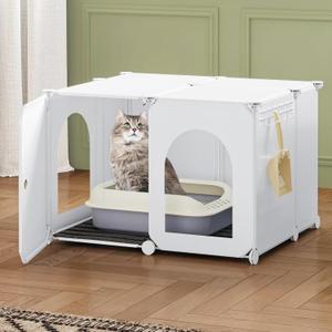 Cat Litter Box Enclosure with Hooks, Plastic Covered Little Box with Mat, Splash Proof Litter Box, 23.6 x 18.5 x 15.7 inches, White CB81899WT