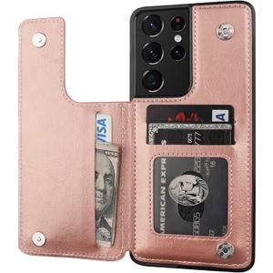 ONETOP Compatible with Samsung Galaxy S21 Ultra Wallet Case with Card Holder, PU Leather Kickstand Card Slots Case, Double Magnetic Clasp and Durable Shockproof Cover 5G 6.8 Inch (Rose Gold)