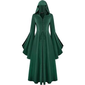 Scarlet Darkness Womens Renaissance Costume Medieval Hooded Pirate Bell Sleeve Peasant Dress with Pockets, Large