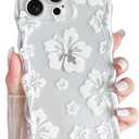 Yeddabox for iPhone 13 Pro Case Hibiscus Flower Floral Wavy Clear Phone Case Soft TPU Slim Shockproof Phone Cover for Women Girls, White