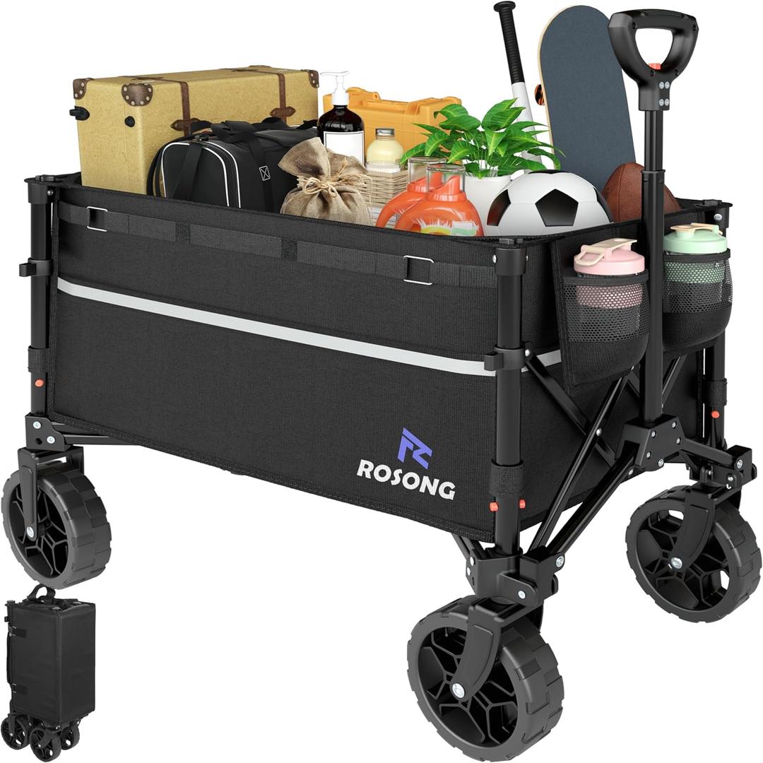 Collapsible Wagon Cart with Wheels Foldable - Folding Utility Heavy Duty Wagons Carts for Grocery Sports Garden Shopping Camping (120L, Black)