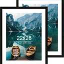 Hongkee 22x28 Frame Set of 2, Rustic Black Wood Style - Display 18x24 Picture Frame with Mat or 22 x 28 Poster Frame without Mat, Wall Mounting Horizontal and Vertical