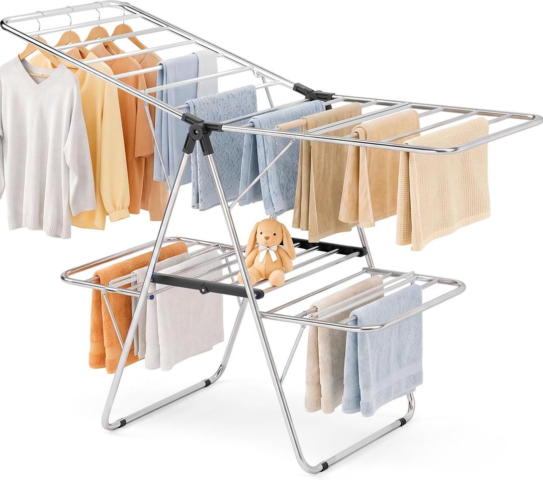 Stainless Steel 2-Tier Foldable Clothes Drying Rack, 57 Inches Max Height, Large