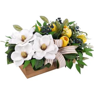Spring Flowers Centerpiece for Table Decor, 20" L Lifelike Artificial Magnolia Tulip in Rectangular Wood Box, Lush Spring Eater Faux Floral Arrangement Farmhouse Mantel Shelf Kitchen Island Decor