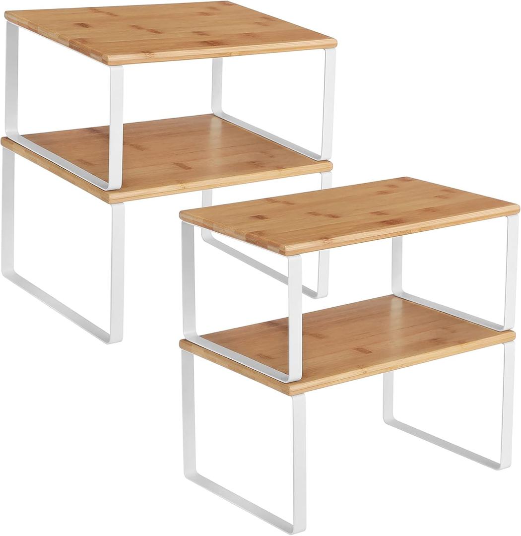 SONGMICS Cabinet Organizer Shelf, Set of 4 Kitchen Counter Shelves, Kitchen Storage, Spice Rack, Stackable, Expandable, Metal and Engineered Wood, Cloud White and Natural Beige UKCS010N01 (11.7"W)