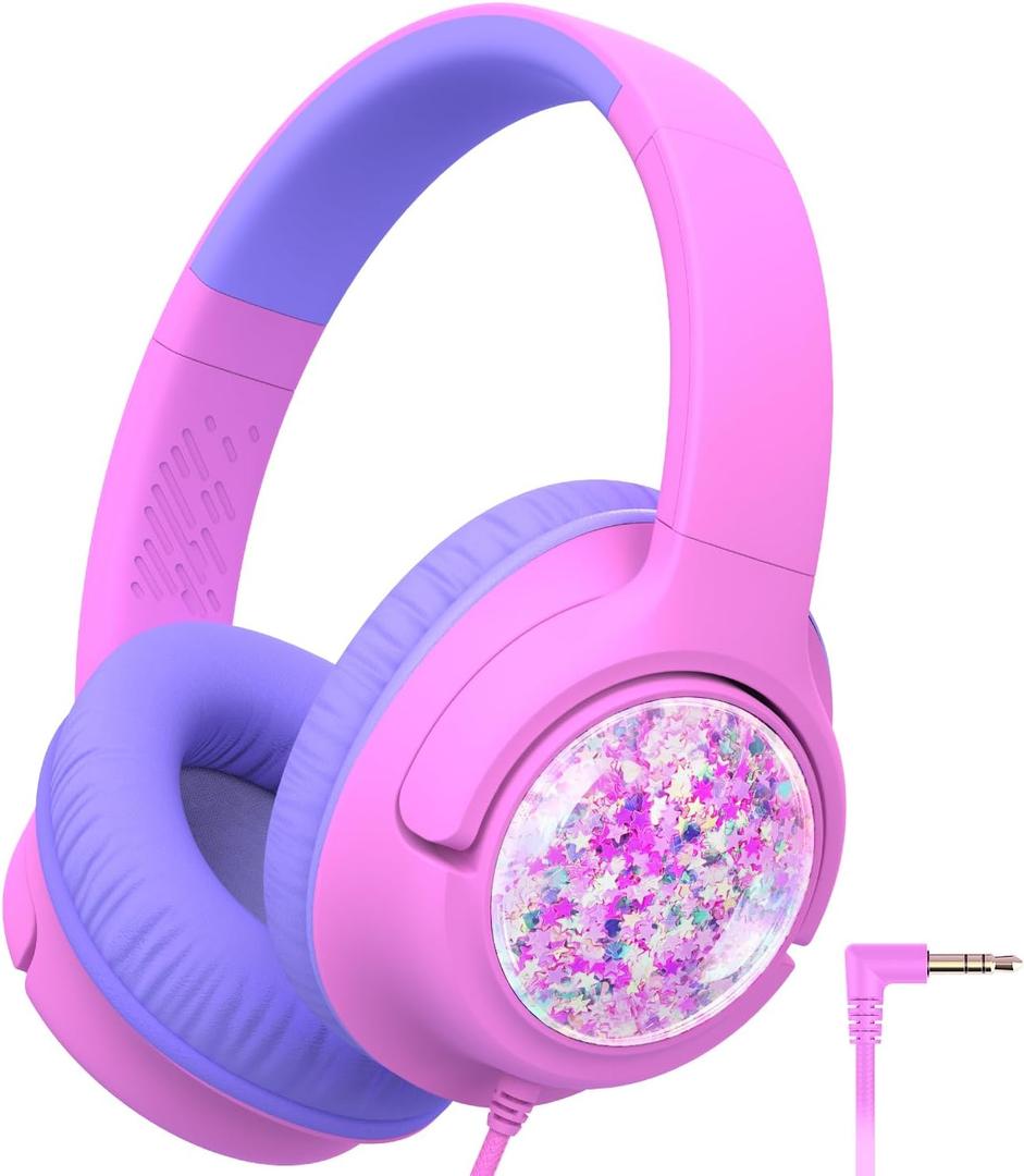 iClever Kids Headphones with Cord, 85dBA Safe Volume Wired Headphones for Kids, Stereo Sound Foldable Adjustable, 3.5mm Jack, Over Ear Child Headphone for School/Boys/Girls/iPad/Tablet/Travel (Glitter Pink)
