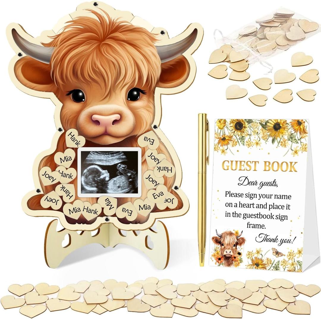 65 Pcs Highland Cow Baby Shower Decorations Guest Book, Baby Shower Guest Book Alternatives with Photo Frame, 60 Wood Slices Cow Baby Shower Guest Book for Boys Grils Baby Shower