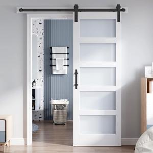 30x80 Inch Glass Sliding Barn Door Slab and 5.5ft Hardware Kit Included, 5 Frosted Glass, LVL Wood Panel Covered with White Water-Proof Scratch-Proof PVC Surface, Simple DIY Assembly