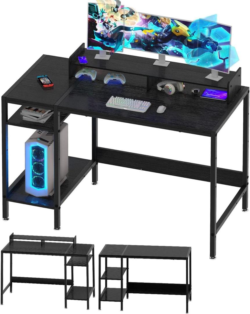 MINOSYS Computer Desk - 47” Gaming Desk, Home Office Desk with Storage, Small Table with Monitor Stand, Storage Space-Savor, Modern Table, Black