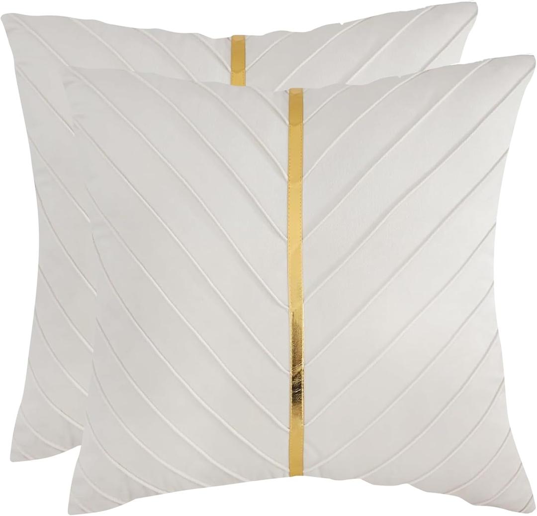 Tosleo Beige Velvet Throw Pillow Covers 20x20 inch Pack of 2 with Gold Leather Decorative Couch Pillow Cover Luxury Modern Pillowcases for Living Room Bedroom Sofa Cushion Bed