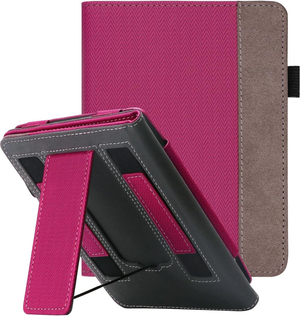 WALNEW Stand Case for 7-inch Kindle Paperwhite 12th Generation (2024 Released) and Kindle Colorsoft Signature Edition, Two Hand Straps Shell PU Leather Cover with Auto-Wake/Sleep (Hotpink)