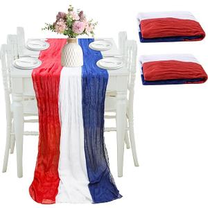 Christmas Table Runner, Vintage Red and Green Cheesecloth Pleated Table Runner Christmas Kitchen Dining Table Decoration Xmas Party Decor for Home Farmhouse Indoor Outdoor