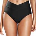 Women V Cut Full Coverage Bikini Bottom - High Waist Swim Bathing Suit Bottoms Cross V Front Swimsuit (Black, XXL)