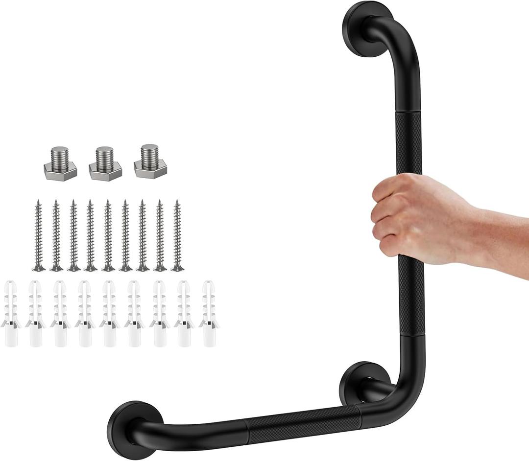 L-Shaped Angled Grab Bar 12x16 Inch Matte Black Anti-Slip Knurled Shower Handles Wall Mount, Stainless Steel Shower Bars for Seniors Injured Balance Support, Handicap Grab Bars for Bathtubs & Showers