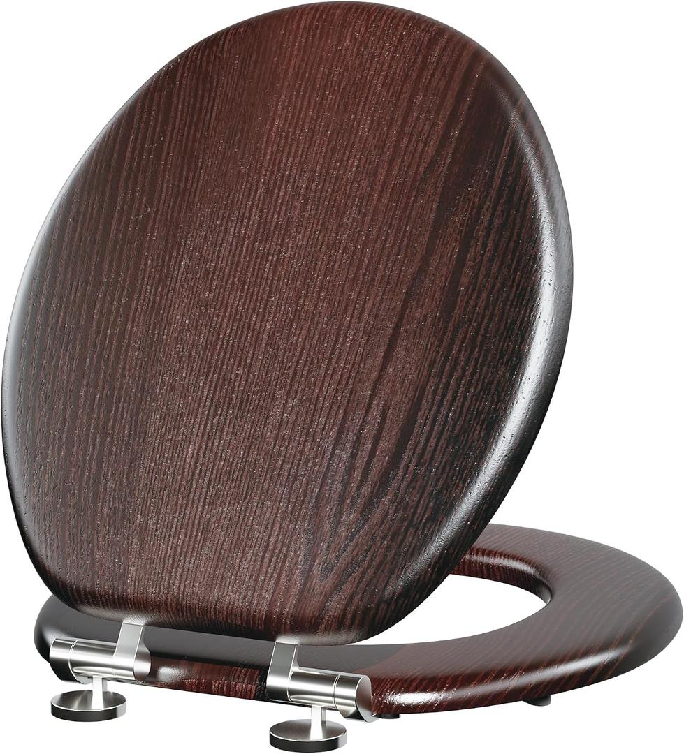 Round Slow Close Wood Toilet Seat Support 400 lbs. Heavy Duty Wooden Toilet Seat with Natural Wood Veneer, Toilet Lid with Soft Close Chrome Hinges, Grip-Tight Bumpers Easy to Clean, Easy to Install