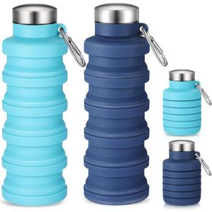 Baderke 2 Pcs Collapsible Water Bottles 17oz Silicone Travel Foldable Portable Water Bottle with Buckle Silicone Lightweight Reusable Leakproof for Camping Hiking Cycling Sport(Navy Blue,Blue)