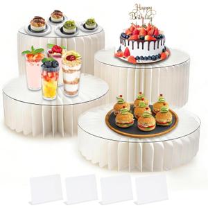 4Pcs Buffet Risers Food Risers for Buffet Table Foldable Cake Display Stands with Mini Table Sign Tall Cardboard Cupcakes Stand for Show Catering Desserts Jewelry Wedding Birthday Party Decoration
