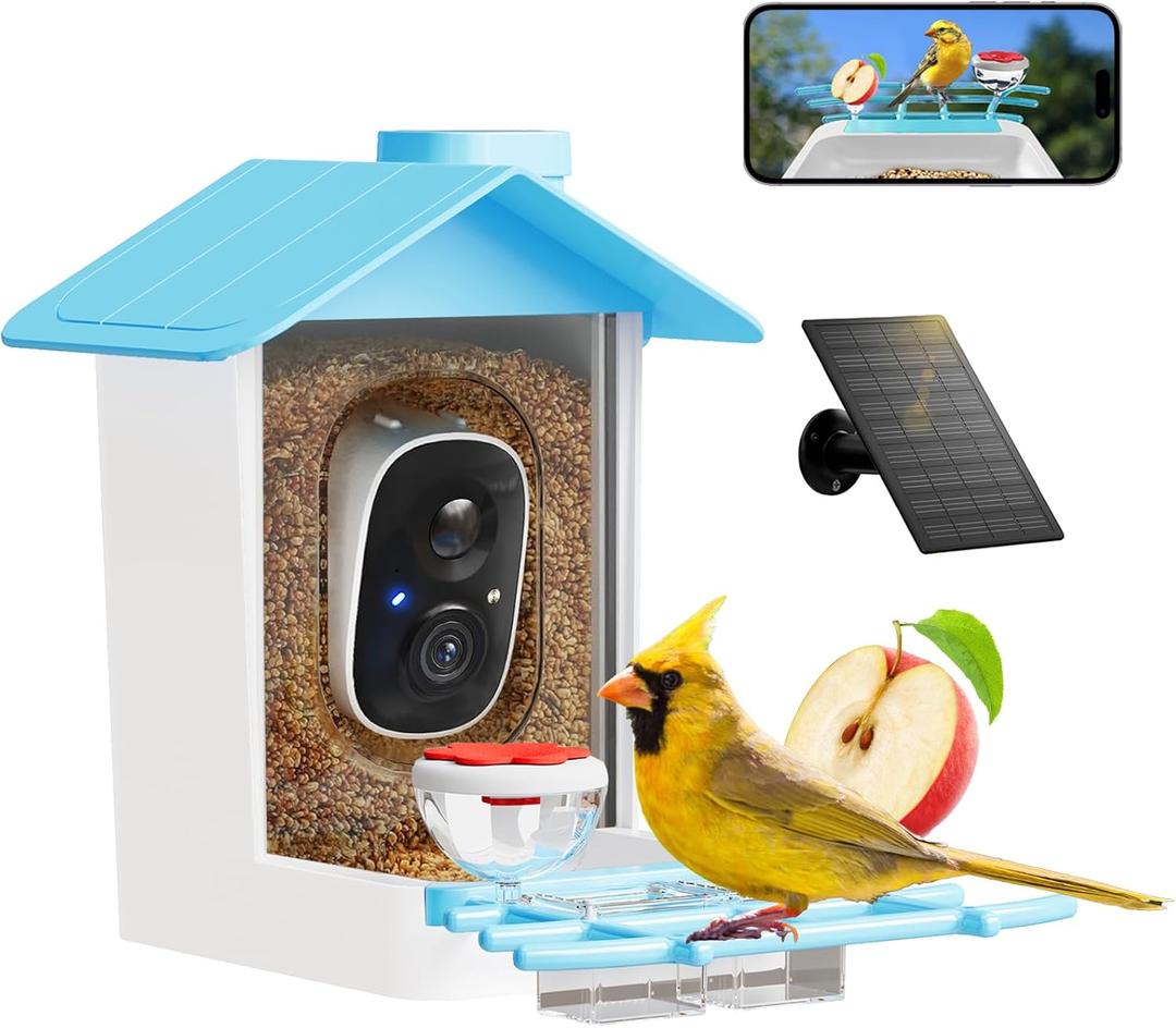 Smart Bird Feeder with Camera - Solar Powered Birdfeeder Cam 2K HD AI Smart Identify Bird Species, Instant Arrival AlertsAuto Record BirdVideo, Two-Way Audio, Gift for Birds Lover (Blue)