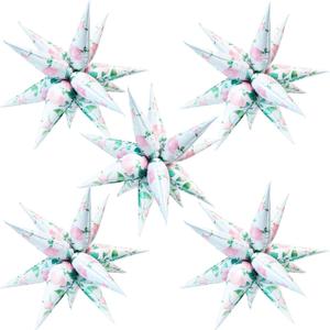 32inch Explosion Star Balloons 5 * 12 Pcs Foil Flower Print Spike Balloons for Wedding Birthday Spring New Year Party Decorations (Green Pink Flower)