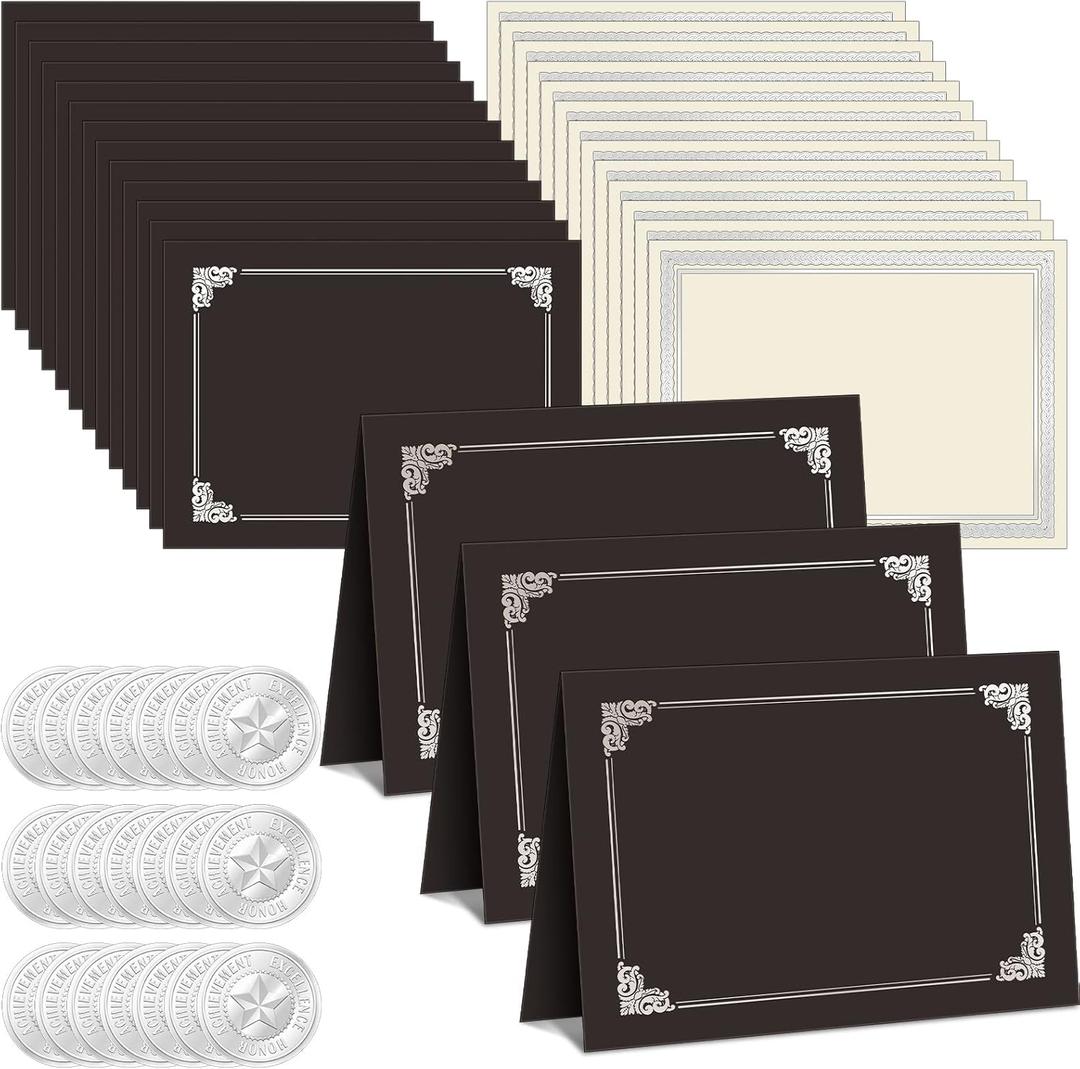 Epakh 72 Pcs Certificate Kit Includes 24 Certificate Holders and 24 Papers 24 Foil Award Seals Stickers Diploma Covers Graduation Competition Supplies(Black, Silver)