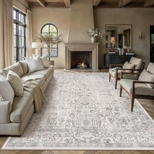PureCozy Gray Area Rug 9x12 Machine Washable Large Vintage Living Room Distressed Non Slip Carpet Traditional Indoor Bedroom Grey Retro Floral Accent Throw Rug for Office Kitchen Dining Room