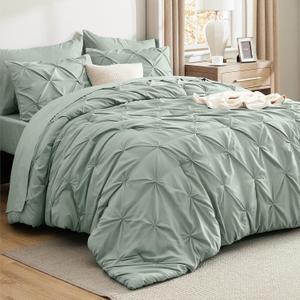 Bedsure Queen Comforter Set Sage Green - Bed in a Bag Queen Size 7 Pieces, GentleSoft Pintuck Bed Set Gift for Family, Pinch Pleat Sage Green Comforter with Sheets, Pillowcases & Shams (03 - Sage Green)