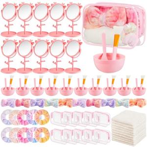 Shinylin 64pcs Spa Sleepover Party Favor Supplies Bulk, Include Face Mask Mixing Bowl Set, Mirror, Headband, Scrunchies, Cosmetic Bags, Face Wash Cloths for Spa Birthday Party (Tie Dye Color)
