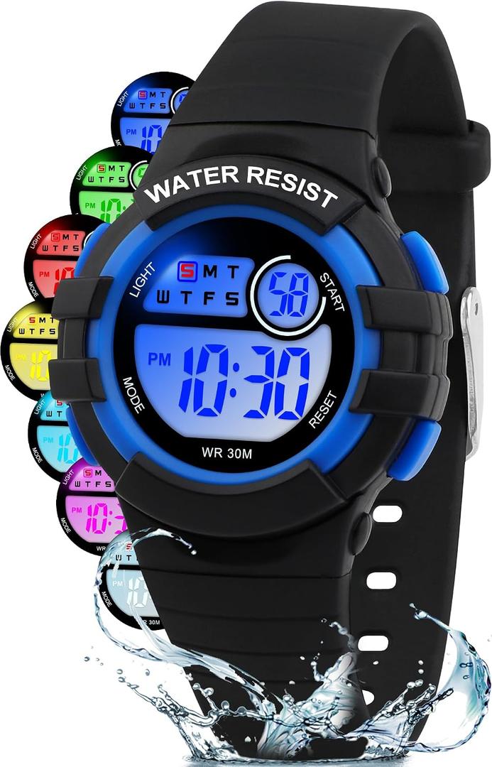 Juboos Kid's Digital Watch for Boys and Girls, Waterproof LCD Digital Sports Kids Watch with 7 Color LED Lights, Stopwatch, Alarm