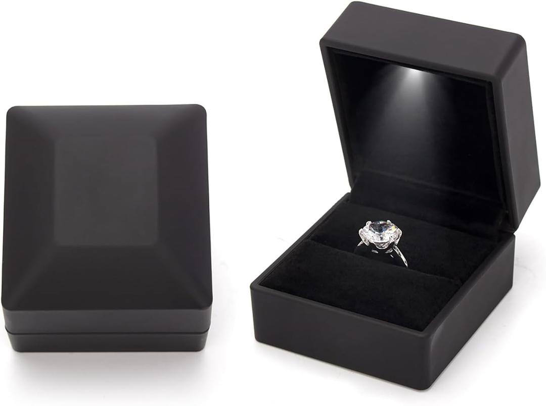Ring Box Square Shaped LED Light Engagement Ring Boxes Jewelry Gift Box for Proposal Wedding Valentine's Day Anniversary Christmas Mothers Thanksgiving Gift (Square Black)