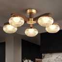 Modern Walnut Wood LED Ceiling Light Fixture,Glass Shade 5 Light Semi Flush Mount Wooden Ceiling Light,Farmhouse Walnut Solid Wood Brass Chandelier for Living Room,Bedroom,dinging Room