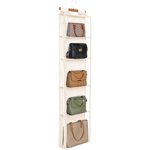 Syeeiex Hanging Handbag Purse Organizer with Zippers, 5 Mesh Shelves,Clear Slubbed Fabric+PVC Hanging Closet Bag Organizer, Dustproof Handbag Closet Tote Storage Bag for Door, Wardrobe, Beige