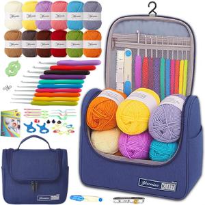 Yarniss Crochet Kits for Beginners,All in One Crochet Kits with 840 Yards Crochet Yarn,Ergonomic Crochet Hooks Set with Yarn for Adults,Navy (10 Size, Blue)