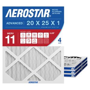 Aerostar 20x25x1 MERV 11 Air Filter, 4 Count, ACTUAL SIZE (19.75 x 24.75 x 0.75), HVAC, Air Conditioning & Furnace Filter for Dust, Pet Dander, Smoke & Allergies (MPR 1200 / FPR 7), Made in USA