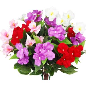 4 Pcs Artificial Flowers for Outdoors UV Resistant Silk Impatiens and Artificial Hibiscus Flowers Fake Plant Greenery Faux Impatiens for Outdoor Planters Spring Summer Porch Patio Balcony (Pink, Purple, Red, White)