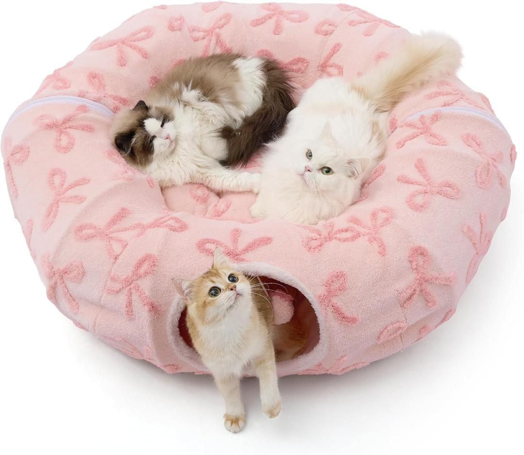 Lesure Large Cat Tunnel Bed - Cute Donut Bed for Indoor Cats with Washable Circle Cushion, Round Pet Peekaboo Cave Toy for Multi Kitten/Puppy/Rabbit, Large Pink Taffy (32"L x 32"W x 10"H)