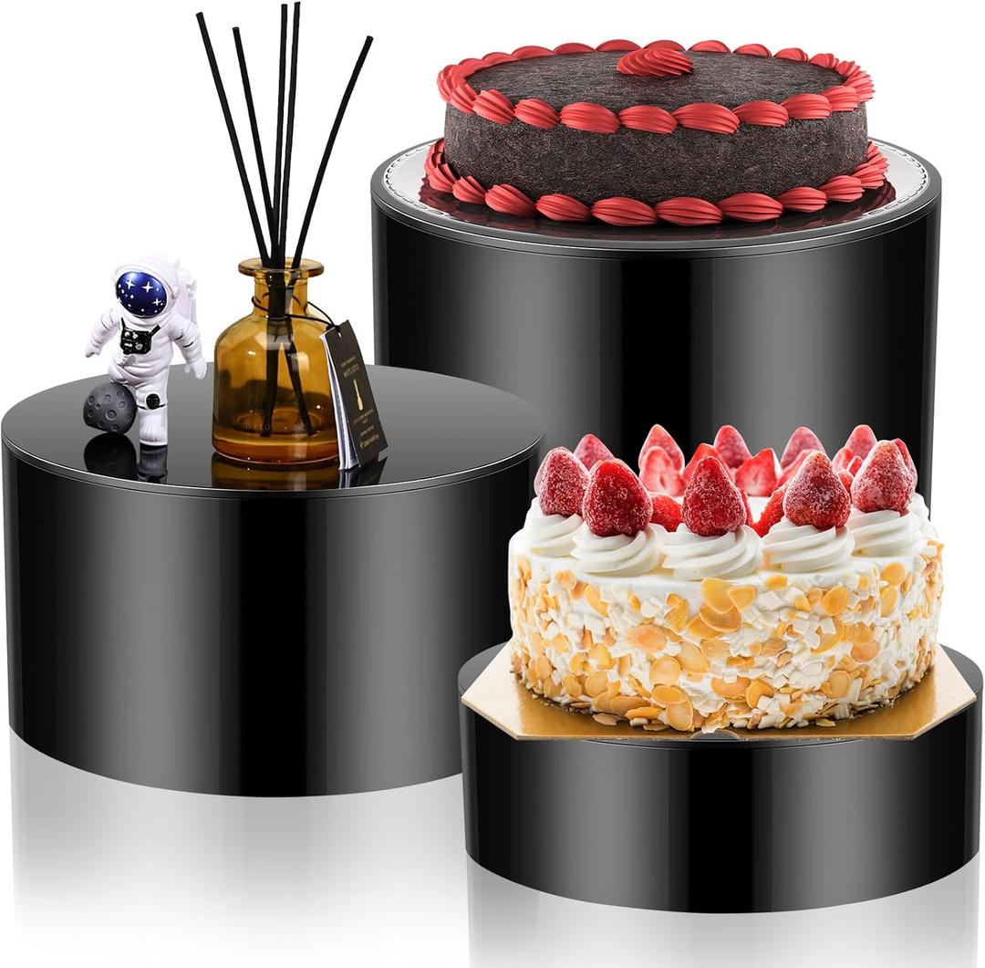 Weysat Acrylic Cake Stand Round Display Risers Shelf Cylinder Nesting Display Stand with Hollow Bottom for Halloween Show Jewelry Dessert Food, 3 Sizes, 6" x 2", 7" x 4", 8" x 6" (Black, 3 Pcs)