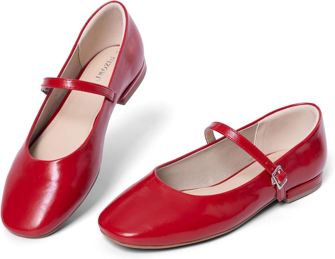 Women's Mary Jane Flats Soft Leather Ballet Flats with Ankle Strap,Comfortable Dressy Slip on Mary Jane Shoes Women (8, Red)