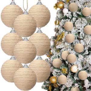 Syhood 9 Pcs 2.36 Inch Christmas Ball Ornaments Boho Farmhouse Jute Rope Hanging Balls Burlap Neutral Rustic Ornaments for Xmas Tree Holiday Wreath Garland Wedding Home(Linen)