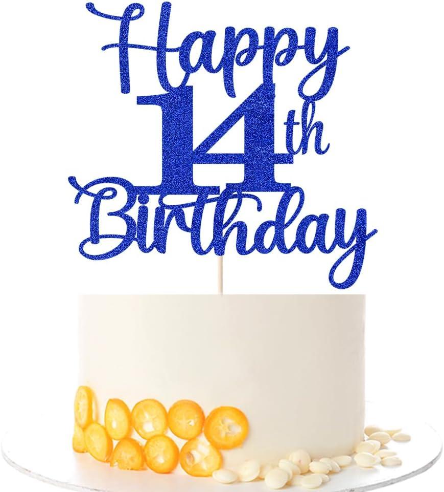 Kaoenla Glitter Happy 14th Birthday Cake Topper,Hello 14Cheers to 14Years,14th Anniversary /14 years old birthday Party Deco (14th, blue)