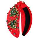 Jeweled Plaid Embellished Crystal Pearl Knotted Wide Top Knot Headband Hair Accessories for Women Christmas Outfits Gifts (Christmas Tree 6)
