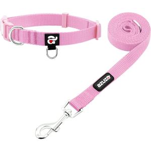azuza Nylon Dog Collar and Leash Set, Strong & Durable Basic Style Leash and Collar with ID Tag Ring, Pink,M (M (Neck: 14"-20"))