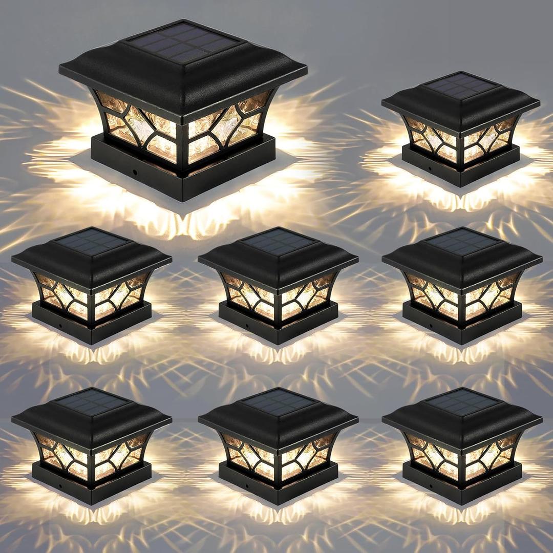 APONUO Solar Post Cap Lights 8 Pack with 1000mAh Battery - for 4x4 5x5 6x6 Fences, Larger Size & Longer Lasting, 2-Mode, IP64 Waterproof, for Fence Deck Patio Porch Yard (Black)