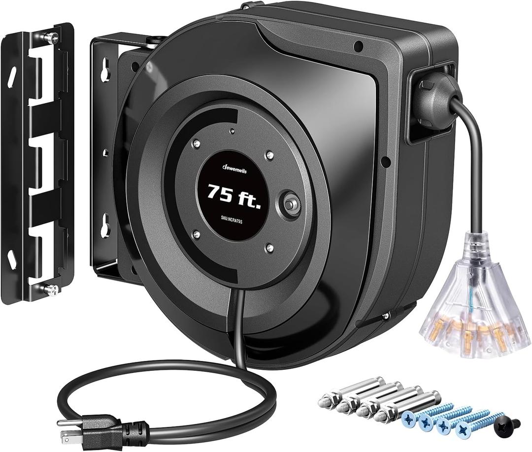 DEWENWILS 75FT Extension Cord Reel, 14/3C SJTOW Retractable Extension Cord Reel, Lighted Triple Outlets, 10A Circuit Breaker, Heavy Duty Power Cord, UL Listed, Ceiling/Wall Mount (Black)