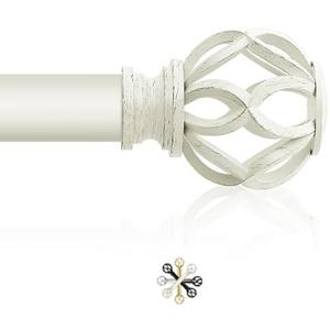 TVWOO White Decorative Farmhouse Curtain Rod:66-120"Adjustable Heavy Duty Single Window Curtain Rod for Bedroom Livingroom,Antique White Boho Rustic Drapery Pole with Vintage Twist Finial Easy Install