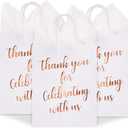 Sparkle and Bash 15-Pack Medium Sized Gift Bags with Tissue Paper for Wedding, Rose Gold Foil Thank You for Celebrating With Us Bags with Handles, Kraft Paper (10 x 8 x 4 Inches)