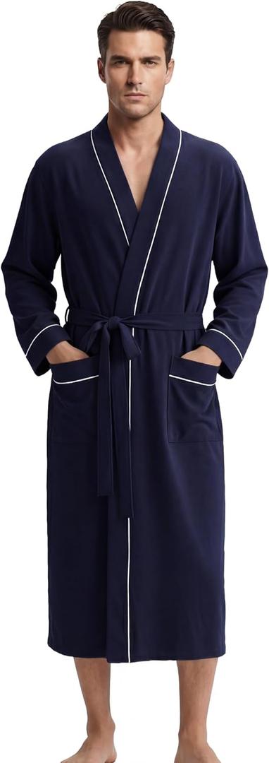 U2SKIIN Men's 100% Cotton Lightweight Robe, Soft Breathable Bathrobe with Pockets, Classic Kimono Spa Robe for Men (Large-X-Large, Navy)